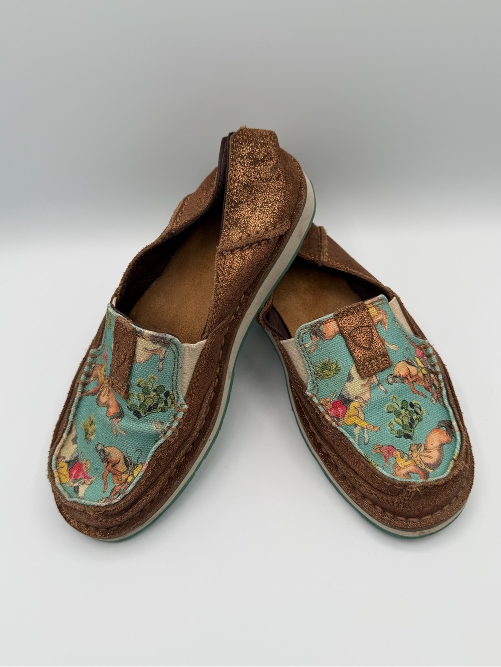 Ariat Brown Suede Mules with Teal Floral Canvas